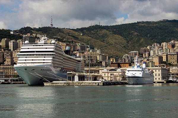 An MSC cruise ship sits in port on the Mediterranean in Genoa, Italy