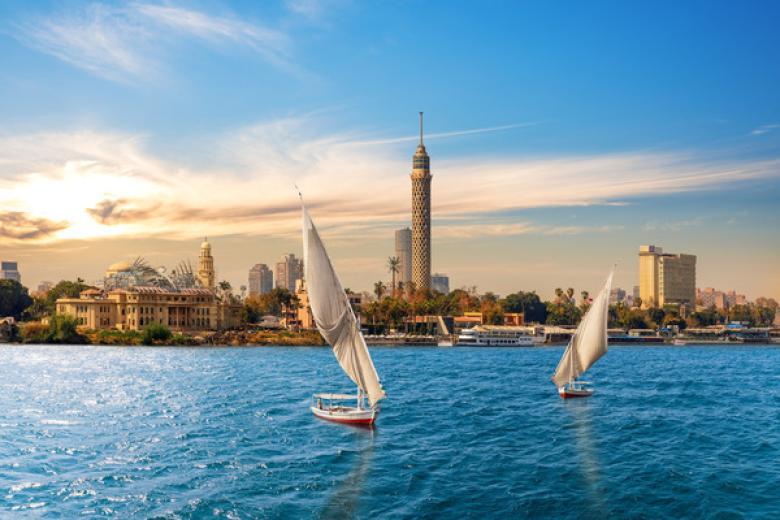 The Nile and Feluccas in front of the Tower of Cairo