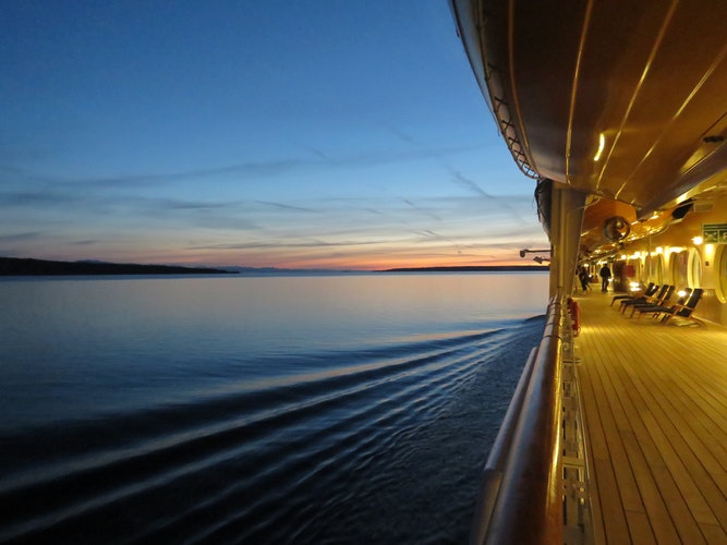 Passenger deck view of a cruise ship at sea