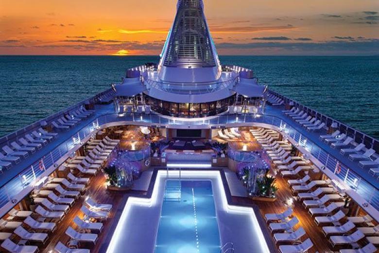 Oceania Cruise Ship - Pool Deck at Night in Port
