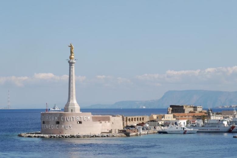 Madonnina del Porto Statue and Coast Guard Station in Port of Messina